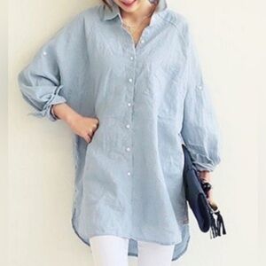 Tahari Blue & White Woven 100% Linen Collared Button Down Tunic Top Size L EUC